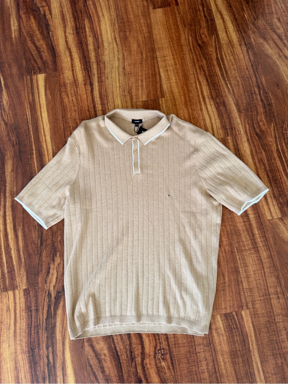 Express Men's Beige Short-Sleeve Button-Down Polo with White Trim